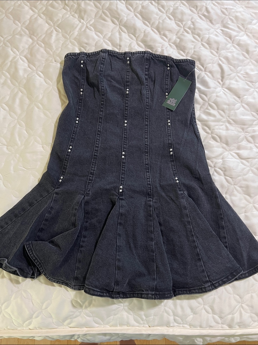 NWT Wild Fable Black Denim Strapless Pleated Mini Dress with Back Zipper